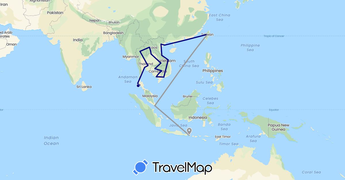 TravelMap itinerary: driving, plane in China, Indonesia, Cambodia, Laos, Singapore, Thailand, Taiwan, Vietnam (Asia)
