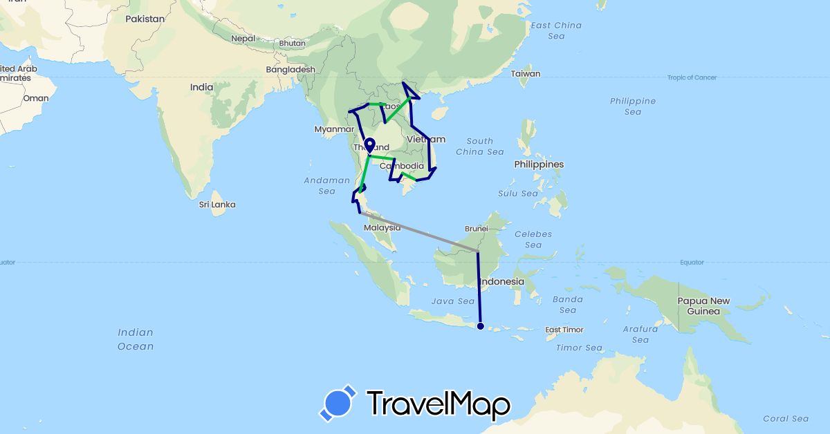 TravelMap itinerary: driving, bus, plane in Indonesia, Cambodia, Laos, Thailand, Vietnam (Asia)